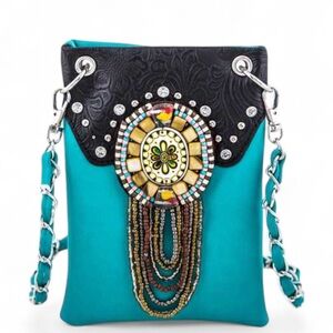 Turquoise & Black Mixed Beaded Western Crossbody Bag